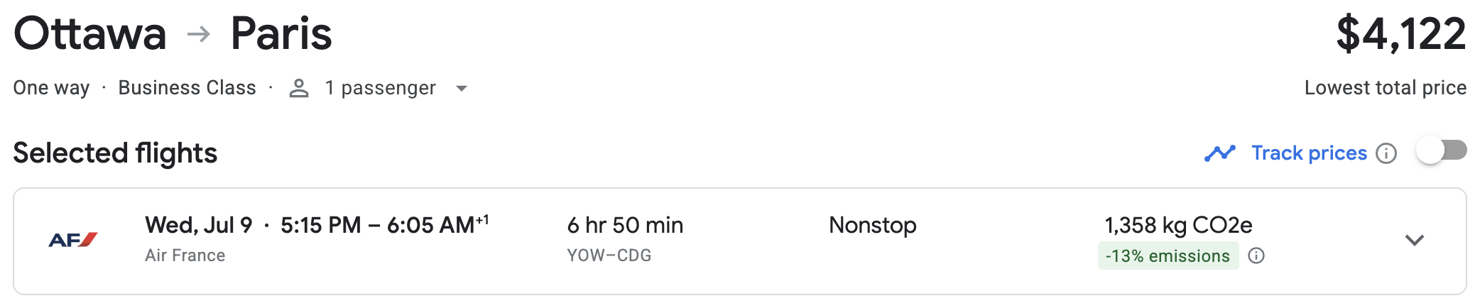 YOW-CDG Air France biz class cash fare for $4,100